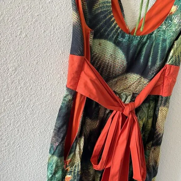 Eva Franco Anthropologie Dress Size 4 Succulents Green Orange Tie Back Western - Picture 11 of 16